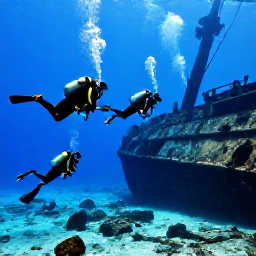 Caribbean Holidays, Bermuda Scuba Diving, A group of scuba divers descending beside a historic shipwreck in clear blue Bermudian water