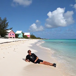 Caribbean Holidays, Bermuda Scuba Diving, A relaxed diver and snorkeller enjoying a sunny Bermuda beach after a morning dive, with turquoise sea and pastel cottages nearby