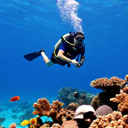 Caribbean Holidays, Bermuda Scuba Diving, A scuba diver exploring a clear blue Bermuda reef in bright February sunlight, with colourful fish and coral formations