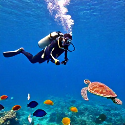 Caribbean Holidays, Bermuda Scuba Diving, A scuba diver observing parrotfish, angelfish and sea turtles above a Bermuda reef in clear blue water