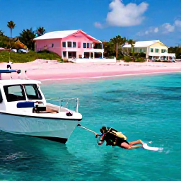 Caribbean Holidays, Bermuda Scuba Diving, A scuba diver returning to a small dive boat near Bermuda, with a pink-sand beach and pastel waterfront buildings in the background