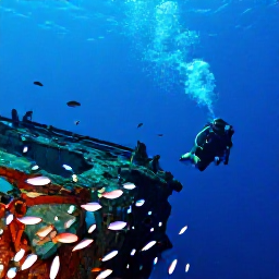 Caribbean Holidays, Bermuda Scuba Diving, A scuba diver swimming past the well-preserved wreck of a ship on the Bermuda seabed, surrounded by schooling fish