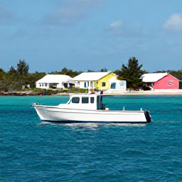 Caribbean Holidays, Bermuda Scuba Diving, A small dive boat travelling across calm turquoise water near Bermuda, with the island shoreline and pastel buildings in the background
