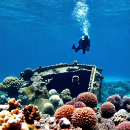 Caribbean Holidays, Bermuda Scuba Diving, Clear turquoise water over a colourful Bermuda coral reef with a scuba diver exploring a historic shipwreck in bright February sunshine