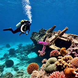 Caribbean Holidays, Bermuda Scuba Diving, Clear turquoise water over a colourful Bermuda coral reef with a scuba diver exploring a historic shipwreck in December sunshine