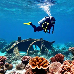 Caribbean Holidays, Bermuda Scuba Diving, Clear turquoise water over a colourful Bermuda coral reef with a scuba diver exploring a shipwreck in bright August sunshine