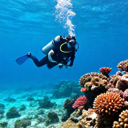Caribbean Holidays, Bermuda Scuba Diving, Clear turquoise water over a colourful Bermuda coral reef with a scuba diver exploring in bright March sunshine