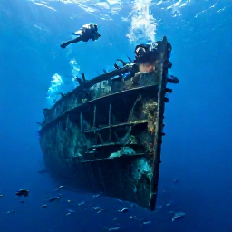 Caribbean Holidays, Bermuda Scuba Diving, Divers visiting a historic shipwreck on the seabed near Bermuda, with dramatic structure, clear water and schools of fish