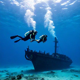 Caribbean Holidays, Bermuda Scuba Diving, Experienced scuba divers descending towards a historic shipwreck in clear Bermuda water, with sunlight filtering from above