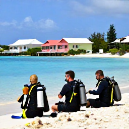 Caribbean Holidays, Bermuda Scuba Diving, Friendly Bermuda dive instructors preparing scuba equipment beside a turquoise bay with pastel houses in the background