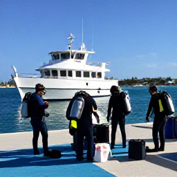 Caribbean Holidays, Bermuda Scuba Diving, Friendly dive boat preparing to leave Bermuda harbour on a bright December morning, with divers checking equipment