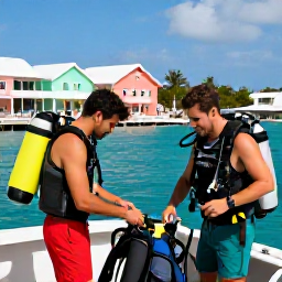Caribbean Holidays, Bermuda Scuba Diving, Friendly divers preparing equipment beside a boat in a sunny Bermuda harbour, with pastel buildings and turquoise water behind them