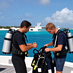 Caribbean Holidays, Bermuda Scuba Diving, Friendly scuba divers preparing equipment beside a boat at a Bermuda harbour on a sunny September day