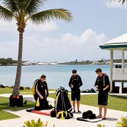 Caribbean Holidays, Bermuda Scuba Diving, Friendly scuba divers preparing equipment beside a dive centre in Bermuda, with palm trees and calm harbour water