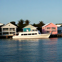 Caribbean Holidays, Bermuda Scuba Diving, Friendly scuba diving boat leaving Bermuda harbour on a sunny May morning, with pastel houses and calm blue sea