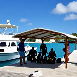 Caribbean Holidays, Bermuda Scuba Diving, Friendly scuba diving instructors preparing equipment beside a boat in a sheltered Bermuda marina on a sunny summer day