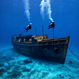 Caribbean Holidays, Bermuda Scuba Diving, Historic shipwreck resting on the seabed in clear blue water around Bermuda, with scuba divers nearby
