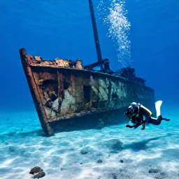 Caribbean Holidays, Bermuda Scuba Diving, Scuba diver swimming beside the intact bow of a historic shipwreck on the sandy seabed near Bermuda