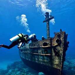 Caribbean Holidays, Bermuda Scuba Diving, Scuba divers examining a historic shipwreck off Bermuda, surrounded by clear water and schools of tropical fish
