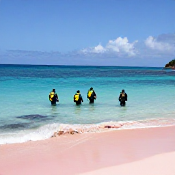 Caribbean Holidays, Bermuda Scuba Diving, Scuba divers exploring a clear blue reef beside Bermuda's pink-sand coastline in bright June sunshine