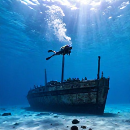 Caribbean Holidays, Bermuda Scuba Diving, Scuba divers swimming above a historic shipwreck on the sandy seabed near Bermuda, with shafts of sunlight filtering through blue water