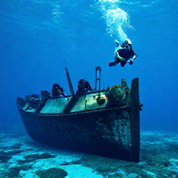 Caribbean Holidays, Bermuda Scuba Diving, Scuba divers swimming above a well-preserved historic shipwreck in clear blue water near Bermuda