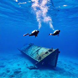 Caribbean Holidays, Bermuda Scuba Diving, Scuba divers swimming above a well-preserved shipwreck in clear blue Bermuda water, with sunlight filtering from the surface