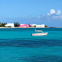 Caribbean Holidays, Bermuda Scuba Diving, Small dive boat approaching a Bermuda reef on a bright November morning, with turquoise sea and pink-and-white island buildings in the background
