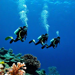 Caribbean Holidays, Bermuda Scuba Diving, Small group of scuba divers descending beside a reef in calm blue water near Bermuda