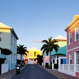 Caribbean Holidays, Bermuda September Holidays, A colourful Bermuda street with pastel houses, a scooter, palm trees and historic buildings in warm September light