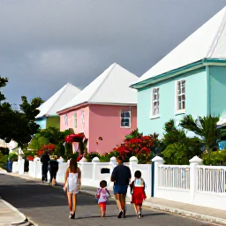Caribbean Holidays, Bermuda September Holidays, A family walking through colourful Bermuda streets with pastel houses, flowering gardens and traditional white stepped roofs