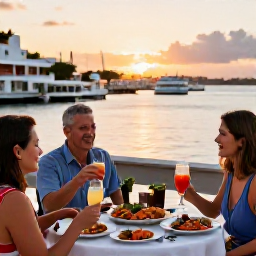 Caribbean Holidays, Bermuda September Holidays, A relaxed family dinner at an outdoor Bermuda restaurant overlooking the harbour at sunset, with local seafood and colourful drinks