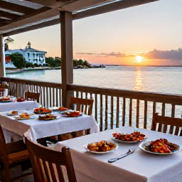 Caribbean Holidays, Bermuda September Holidays, A relaxed seaside restaurant in Bermuda at sunset, with fresh seafood, outdoor tables and calm blue water