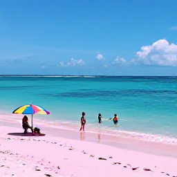Caribbean Holidays, Bermuda September Holidays, A sunny family-friendly beach in Bermuda with calm turquoise water, pink sand, colourful umbrellas and children paddling at the shoreline