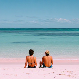 Caribbean Holidays, Bermuda September Holidays, An adult couple relaxing on a quiet pink-sand beach in Bermuda, with calm turquoise water and gentle September sunlight
