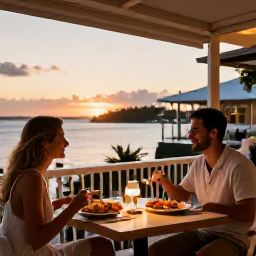 Caribbean Holidays, Bermuda September Holidays, Couple dining at a stylish outdoor restaurant in Bermuda at sunset, with local seafood, soft lighting and a relaxed atmosphere