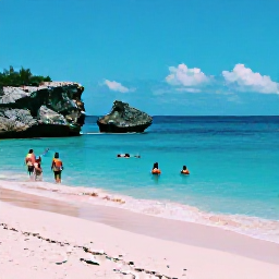 Caribbean Holidays, Bermuda September Holidays, Horseshoe Bay in Bermuda in September, showing pink sand, turquoise sea, rocky cliffs and visitors swimming and relaxing