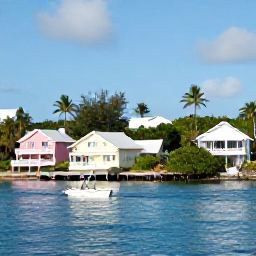 Caribbean Holidays, Bermuda September Holidays, Peaceful Bermuda coastline with pastel houses, lush greenery and a small boat on calm blue water