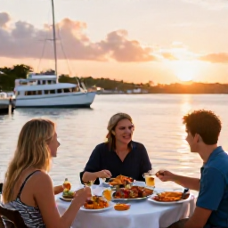 Caribbean Holidays, Bermuda September Holidays, Travellers enjoying a relaxed outdoor meal of fresh seafood beside a harbour in Bermuda at sunset