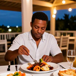Caribbean Holidays, Bermuda Solo February, Solo traveller dining at a welcoming Bermudian restaurant in the evening, with fresh seafood and warm lights