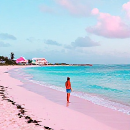 Caribbean Holidays, Bermuda Solo Holidays, A lone traveller enjoying a peaceful December morning on a pink-sand beach in Bermuda, with turquoise water and pastel houses in the distance