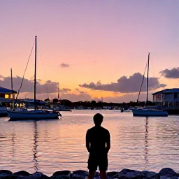 Caribbean Holidays, Bermuda Solo Holidays, A solo traveller watching a vivid Bermuda sunset from a harbour viewpoint in February, with calm water, pastel sky and softly lit boats