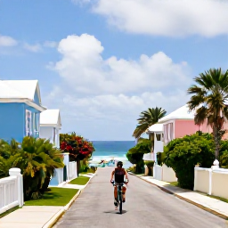 Caribbean Holidays, Bermuda Solo Holidays, A solo visitor cycling on a quiet Bermuda lane bordered by pastel houses, greenery and ocean views in January