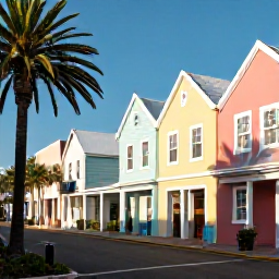 Caribbean Holidays, Bermuda Solo Holidays, A sunny November morning in Hamilton, Bermuda, with pastel buildings, palm trees and a solo visitor exploring the streets