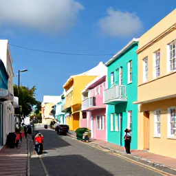 Caribbean Holidays, Bermuda Solo Holidays, Colourful Bermuda town street with pastel buildings, scooters and a solo visitor exploring in March sunshine