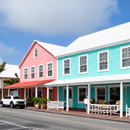 Caribbean Holidays, Bermuda Solo Holidays, Colourful Front Street in Hamilton, Bermuda, with pastel buildings, independent shops, cafes and a solo traveller exploring