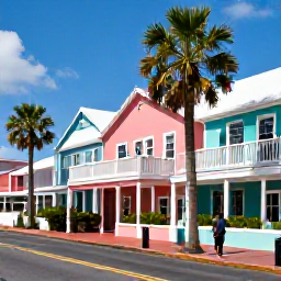 Caribbean Holidays, Bermuda Solo Holidays, Colourful Front Street in Hamilton, Bermuda, with pastel buildings, palm trees and a solo visitor exploring on foot