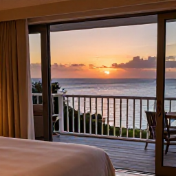 Caribbean Holidays, Bermuda Solo Holidays, Comfortable Bermuda guesthouse room with a balcony overlooking the sea at sunset, prepared for a solo holiday