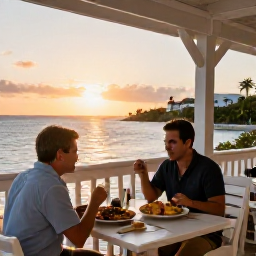 Caribbean Holidays, Bermuda Solo Holidays, Friendly outdoor restaurant in Bermuda at sunset, solo diner enjoying fresh seafood and a relaxed island atmosphere