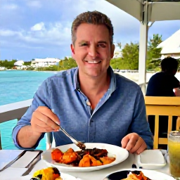 Caribbean Holidays, Bermuda Solo Holidays, Friendly solo diner enjoying fresh seafood at a relaxed waterfront restaurant in Bermuda in January
